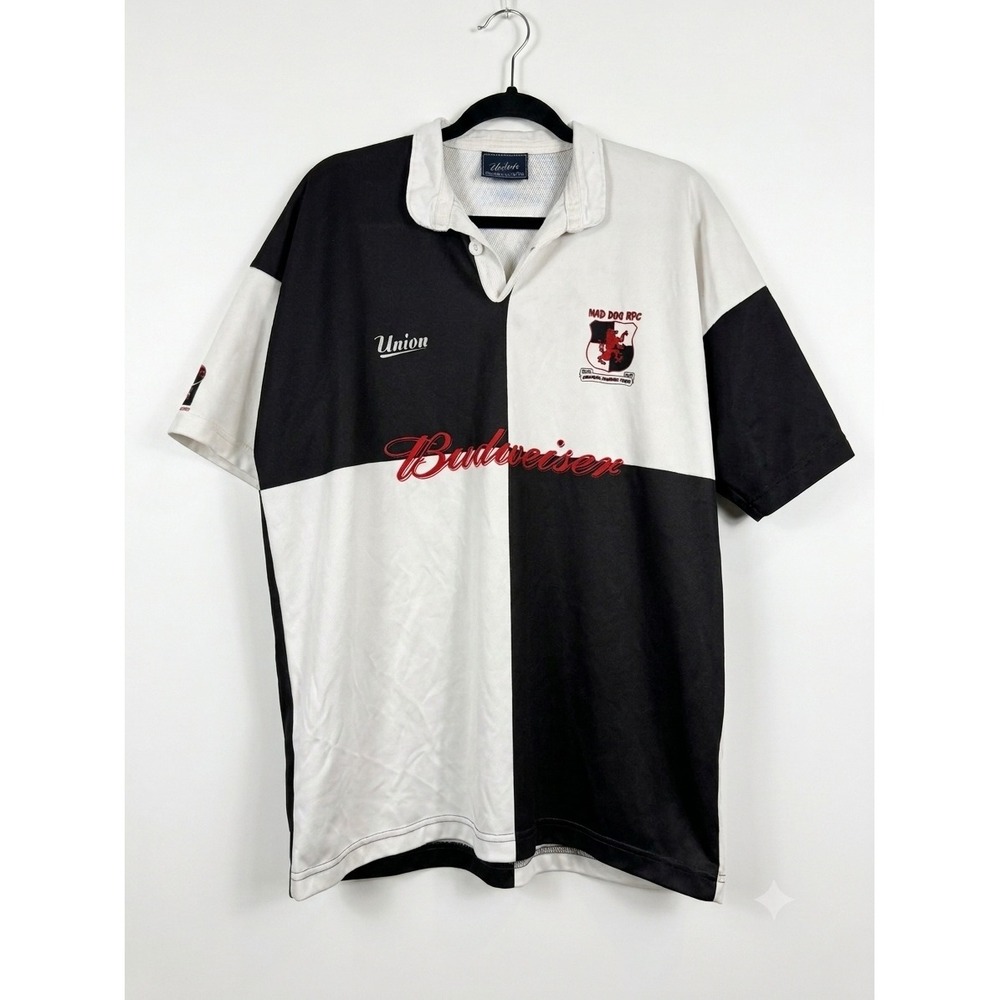 VTG Union Rugby MADE IN NEW ZEAL Harlequin Jersey XL Budweiser Mad Dog RFC Black